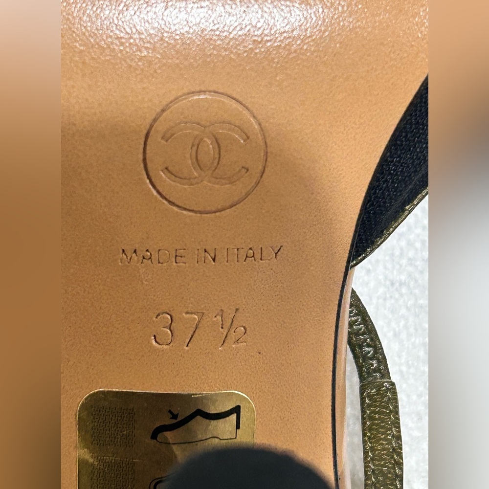 Vintage CHANEL Camellia Slingback Heels  Black Linen Tan Olive Leather Flower - Picture 9 of 15